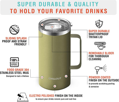 Stainless Steel 16 oz Vacuum Insulated Coffee Mug with Handle and Lid, Large Thermal Camping Coffee Mug Cup with Durable Sliding Lid for Men & Women, Keeps your Beverages Hot & Cold