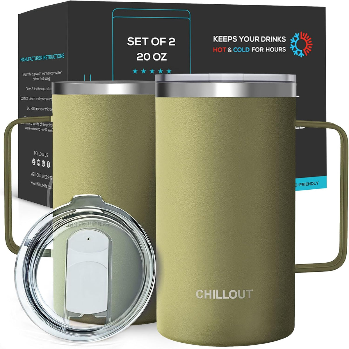 Stainless Steel 16 oz Vacuum Insulated Coffee Mug with Handle and Lid, Large Thermal Camping Coffee Mug Cup with Durable Sliding Lid for Men & Women, Keeps your Beverages Hot & Cold