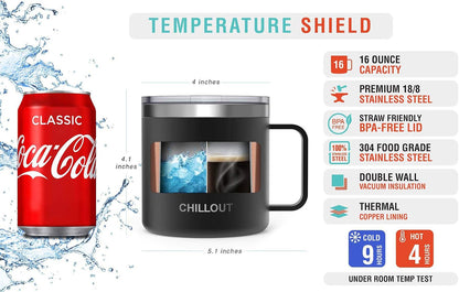 Stainless Steel 16 oz Vacuum Insulated Coffee Mug with Handle and Lid, Large Thermal Camping Coffee Mug Cup with Durable Sliding Lid for Men & Women, Keeps your Beverages Hot & Cold