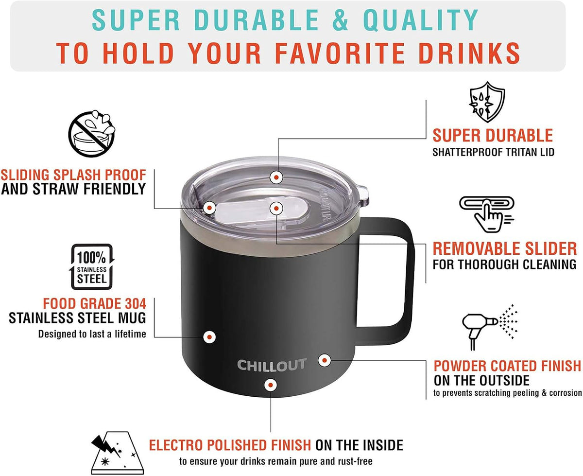 Stainless Steel 16 oz Vacuum Insulated Coffee Mug with Handle and Lid, Large Thermal Camping Coffee Mug Cup with Durable Sliding Lid for Men & Women, Keeps your Beverages Hot & Cold