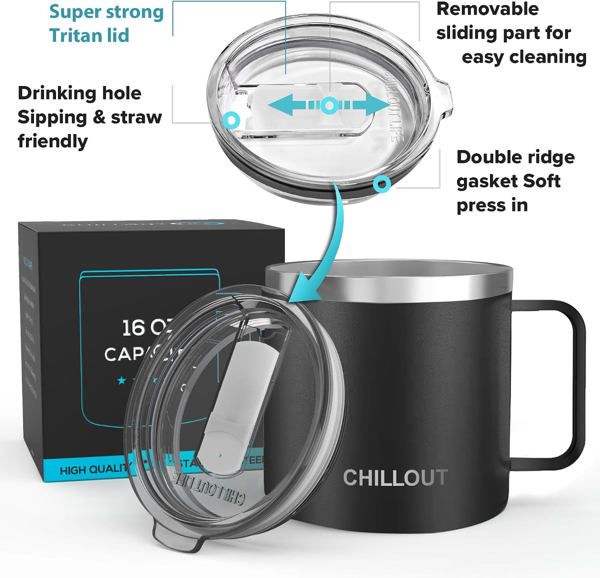 Stainless Steel 16 oz Vacuum Insulated Coffee Mug with Handle and Lid, Large Thermal Camping Coffee Mug Cup with Durable Sliding Lid for Men & Women, Keeps your Beverages Hot & Cold