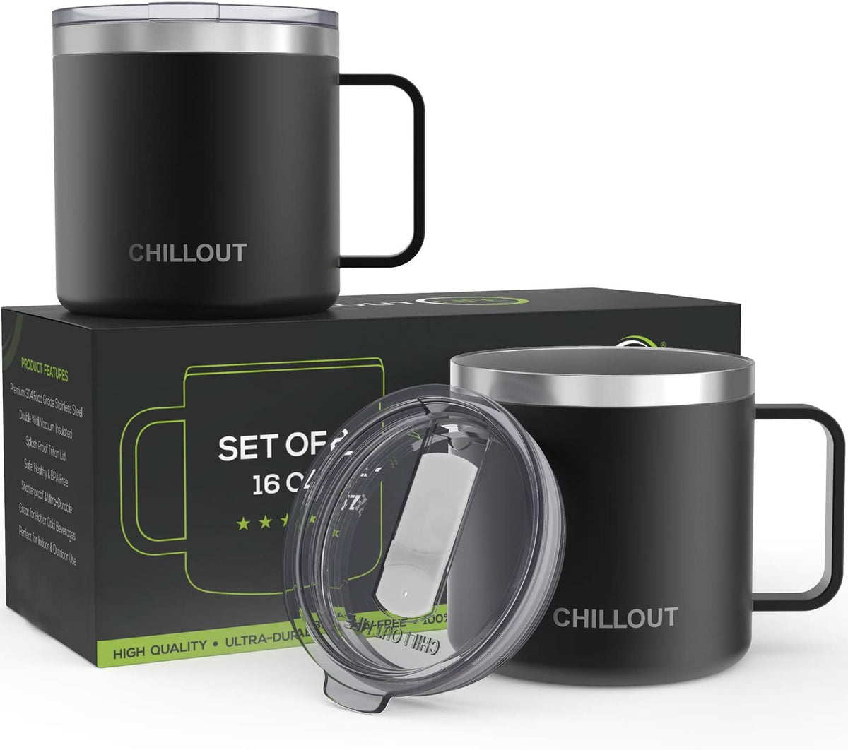 Stainless Steel 16 oz Vacuum Insulated Coffee Mug with Handle and Lid, Large Thermal Camping Coffee Mug Cup with Durable Sliding Lid for Men & Women, Keeps your Beverages Hot & Cold