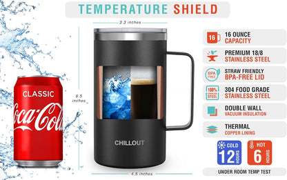 Stainless Steel 16 oz Vacuum Insulated Coffee Mug with Handle and Lid, Large Thermal Camping Coffee Mug Cup with Durable Sliding Lid for Men & Women, Keeps your Beverages Hot & Cold