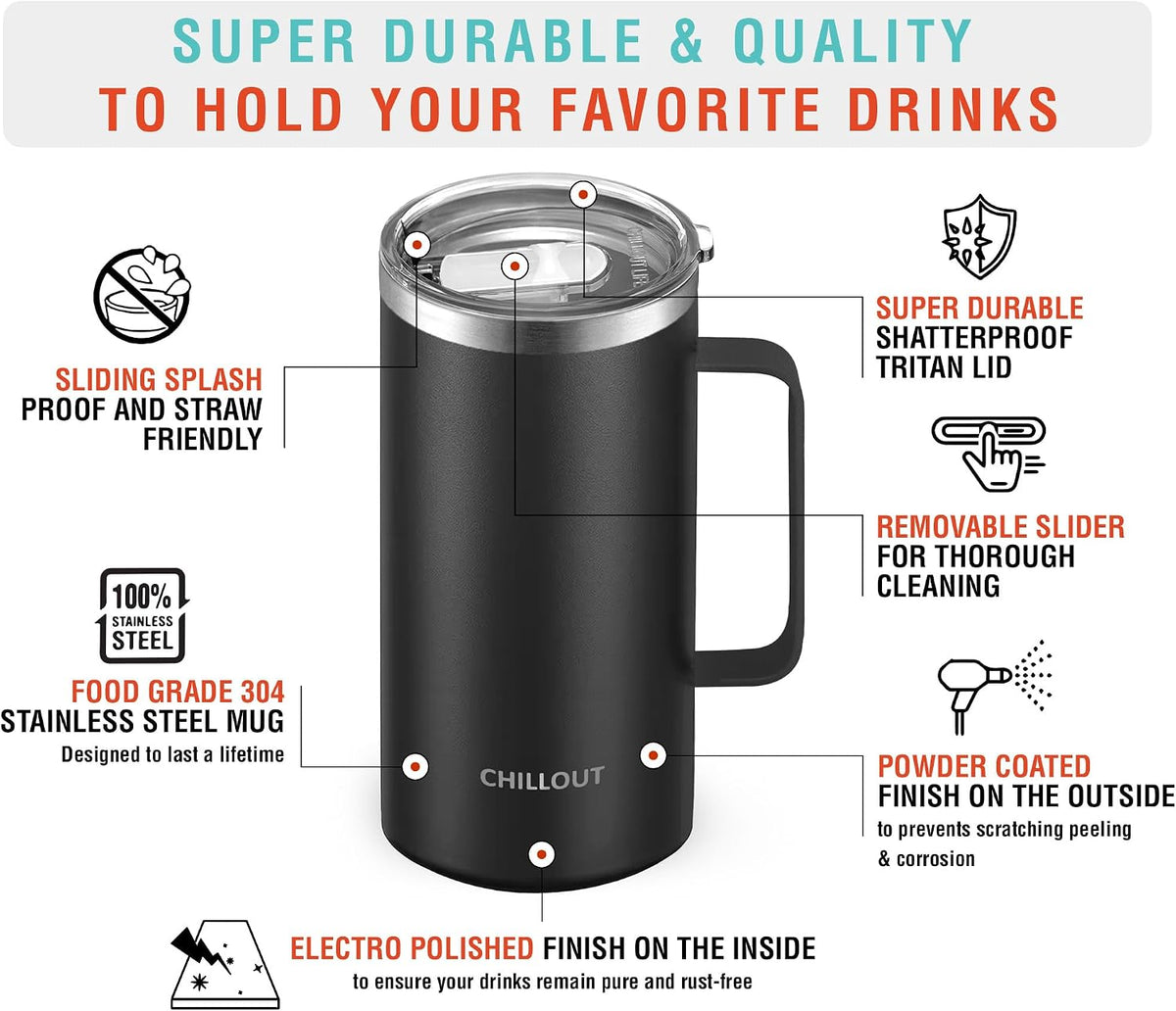 Stainless Steel 16 oz Vacuum Insulated Coffee Mug with Handle and Lid, Large Thermal Camping Coffee Mug Cup with Durable Sliding Lid for Men & Women, Keeps your Beverages Hot & Cold