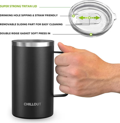 Stainless Steel 16 oz Vacuum Insulated Coffee Mug with Handle and Lid, Large Thermal Camping Coffee Mug Cup with Durable Sliding Lid for Men & Women, Keeps your Beverages Hot & Cold