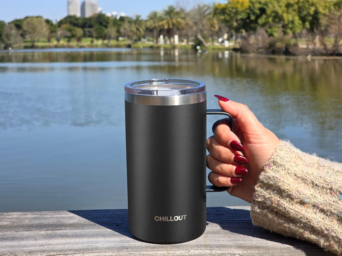 Stainless Steel 16 oz Vacuum Insulated Coffee Mug with Handle and Lid, Large Thermal Camping Coffee Mug Cup with Durable Sliding Lid for Men & Women, Keeps your Beverages Hot & Cold