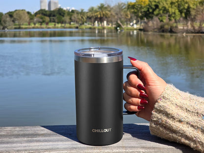 Stainless Steel 16 oz Vacuum Insulated Coffee Mug with Handle and Lid, Large Thermal Camping Coffee Mug Cup with Durable Sliding Lid for Men & Women, Keeps your Beverages Hot & Cold