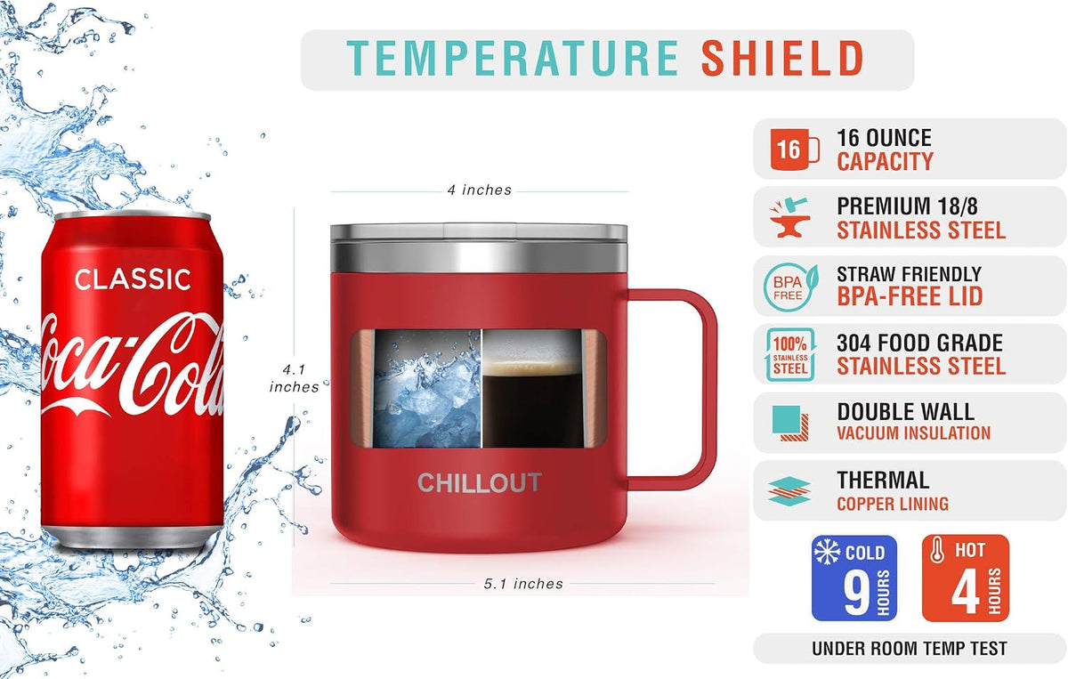 Stainless Steel 16 oz Vacuum Insulated Coffee Mug with Handle and Lid, Large Thermal Camping Coffee Mug Cup with Durable Sliding Lid for Men & Women, Keeps your Beverages Hot & Cold