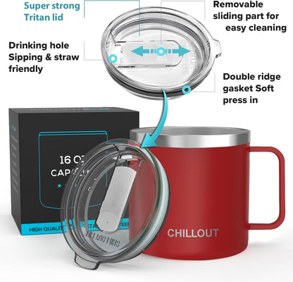 Stainless Steel 16 oz Vacuum Insulated Coffee Mug with Handle and Lid, Large Thermal Camping Coffee Mug Cup with Durable Sliding Lid for Men & Women, Keeps your Beverages Hot & Cold