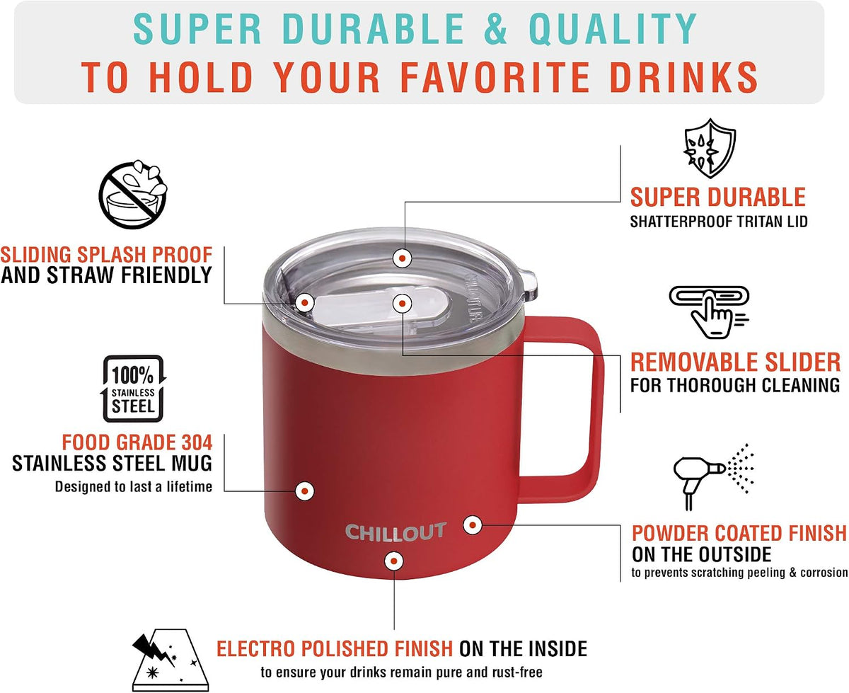 Stainless Steel 16 oz Vacuum Insulated Coffee Mug with Handle and Lid, Large Thermal Camping Coffee Mug Cup with Durable Sliding Lid for Men & Women, Keeps your Beverages Hot & Cold