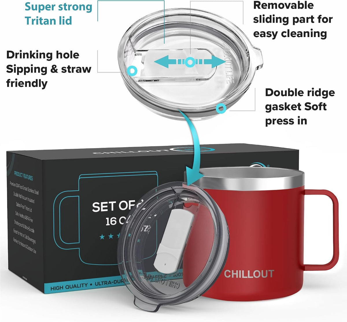 Stainless Steel 16 oz Vacuum Insulated Coffee Mug with Handle and Lid, Large Thermal Camping Coffee Mug Cup with Durable Sliding Lid for Men & Women, Keeps your Beverages Hot & Cold
