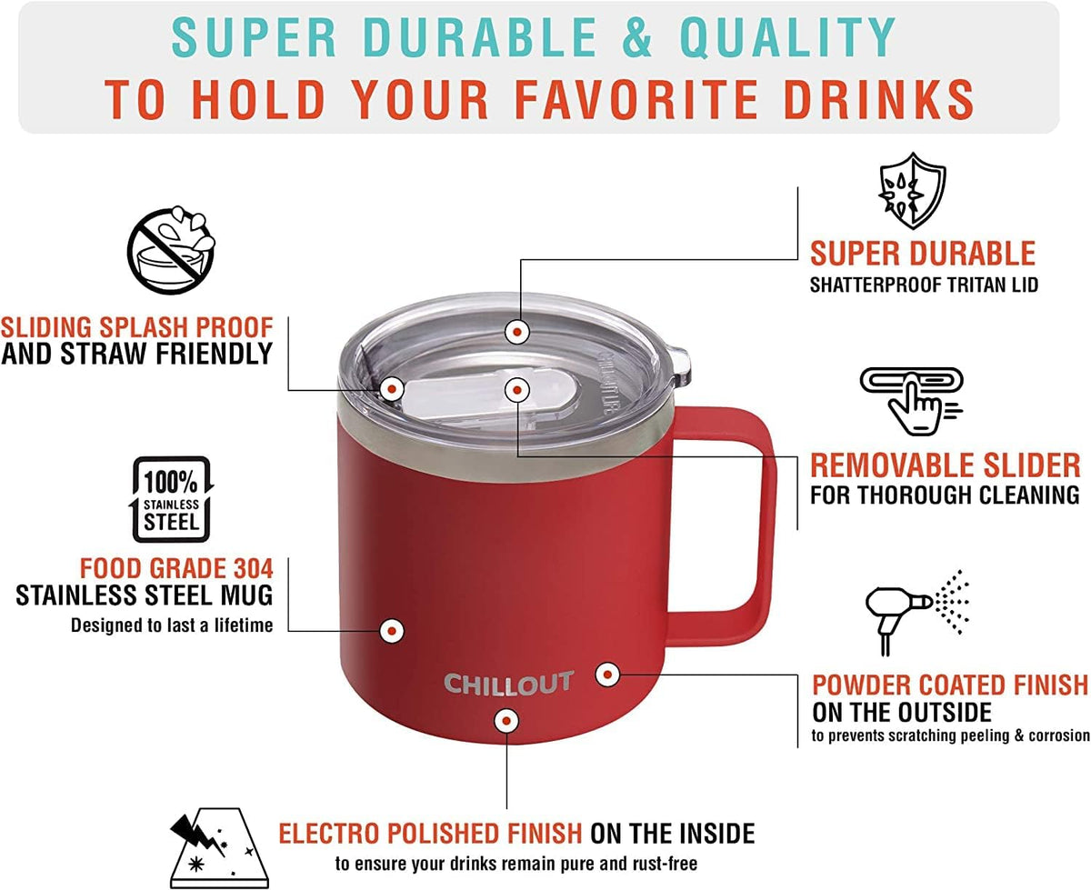 Stainless Steel 16 oz Vacuum Insulated Coffee Mug with Handle and Lid, Large Thermal Camping Coffee Mug Cup with Durable Sliding Lid for Men & Women, Keeps your Beverages Hot & Cold