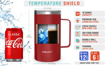 Stainless Steel 16 oz Vacuum Insulated Coffee Mug with Handle and Lid, Large Thermal Camping Coffee Mug Cup with Durable Sliding Lid for Men & Women, Keeps your Beverages Hot & Cold