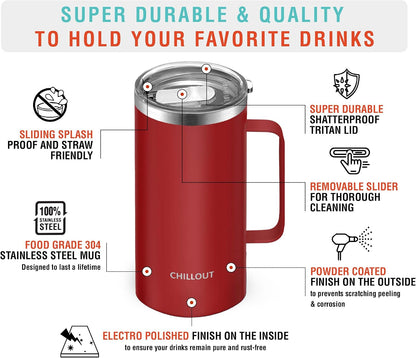 Stainless Steel 16 oz Vacuum Insulated Coffee Mug with Handle and Lid, Large Thermal Camping Coffee Mug Cup with Durable Sliding Lid for Men & Women, Keeps your Beverages Hot & Cold
