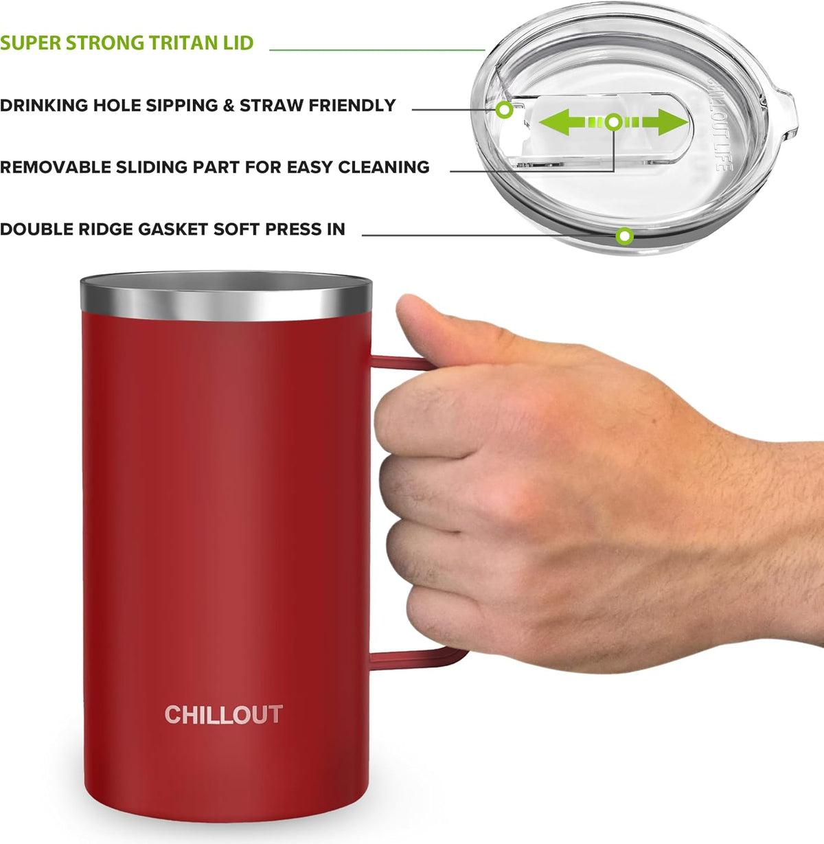Stainless Steel 16 oz Vacuum Insulated Coffee Mug with Handle and Lid, Large Thermal Camping Coffee Mug Cup with Durable Sliding Lid for Men & Women, Keeps your Beverages Hot & Cold