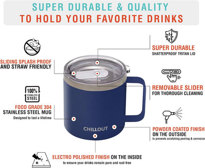Stainless Steel 16 oz Vacuum Insulated Coffee Mug with Handle and Lid, Large Thermal Camping Coffee Mug Cup with Durable Sliding Lid for Men & Women, Keeps your Beverages Hot & Cold
