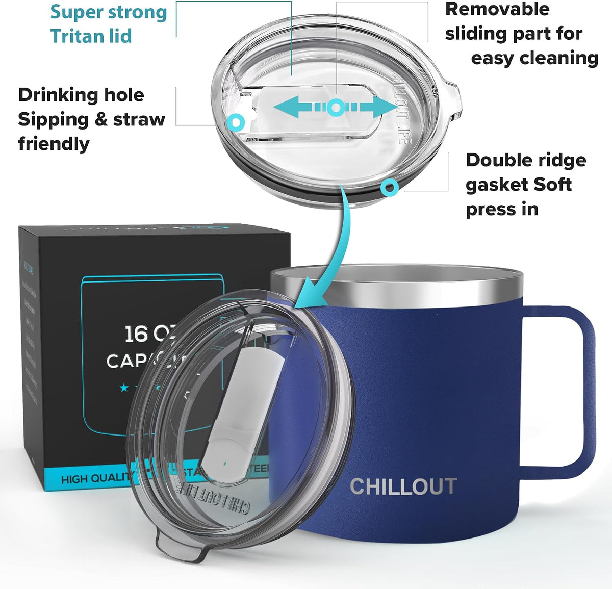 Stainless Steel 16 oz Vacuum Insulated Coffee Mug with Handle and Lid, Large Thermal Camping Coffee Mug Cup with Durable Sliding Lid for Men & Women, Keeps your Beverages Hot & Cold