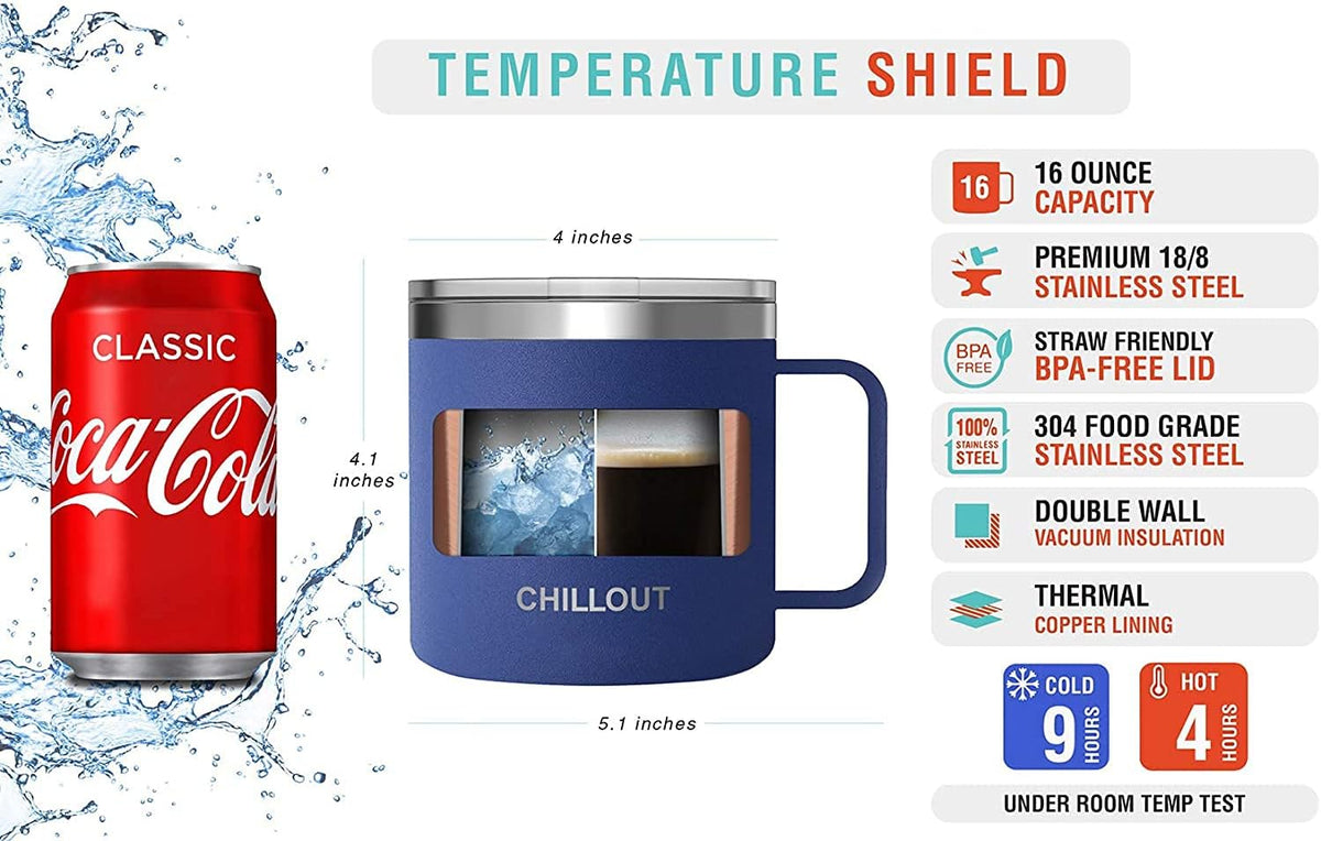 Stainless Steel 16 oz Vacuum Insulated Coffee Mug with Handle and Lid, Large Thermal Camping Coffee Mug Cup with Durable Sliding Lid for Men & Women, Keeps your Beverages Hot & Cold