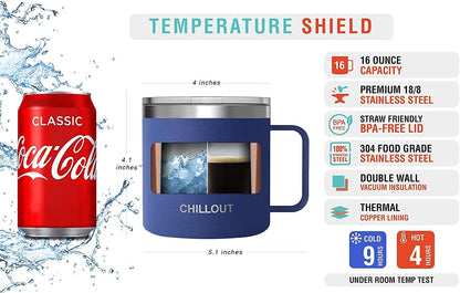 Stainless Steel 16 oz Vacuum Insulated Coffee Mug with Handle and Lid, Large Thermal Camping Coffee Mug Cup with Durable Sliding Lid for Men & Women, Keeps your Beverages Hot & Cold