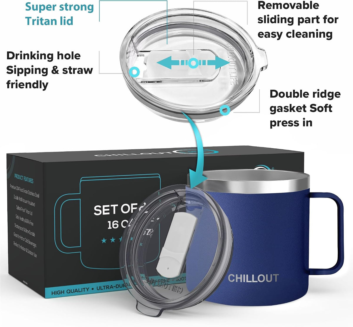 Stainless Steel 16 oz Vacuum Insulated Coffee Mug with Handle and Lid, Large Thermal Camping Coffee Mug Cup with Durable Sliding Lid for Men & Women, Keeps your Beverages Hot & Cold