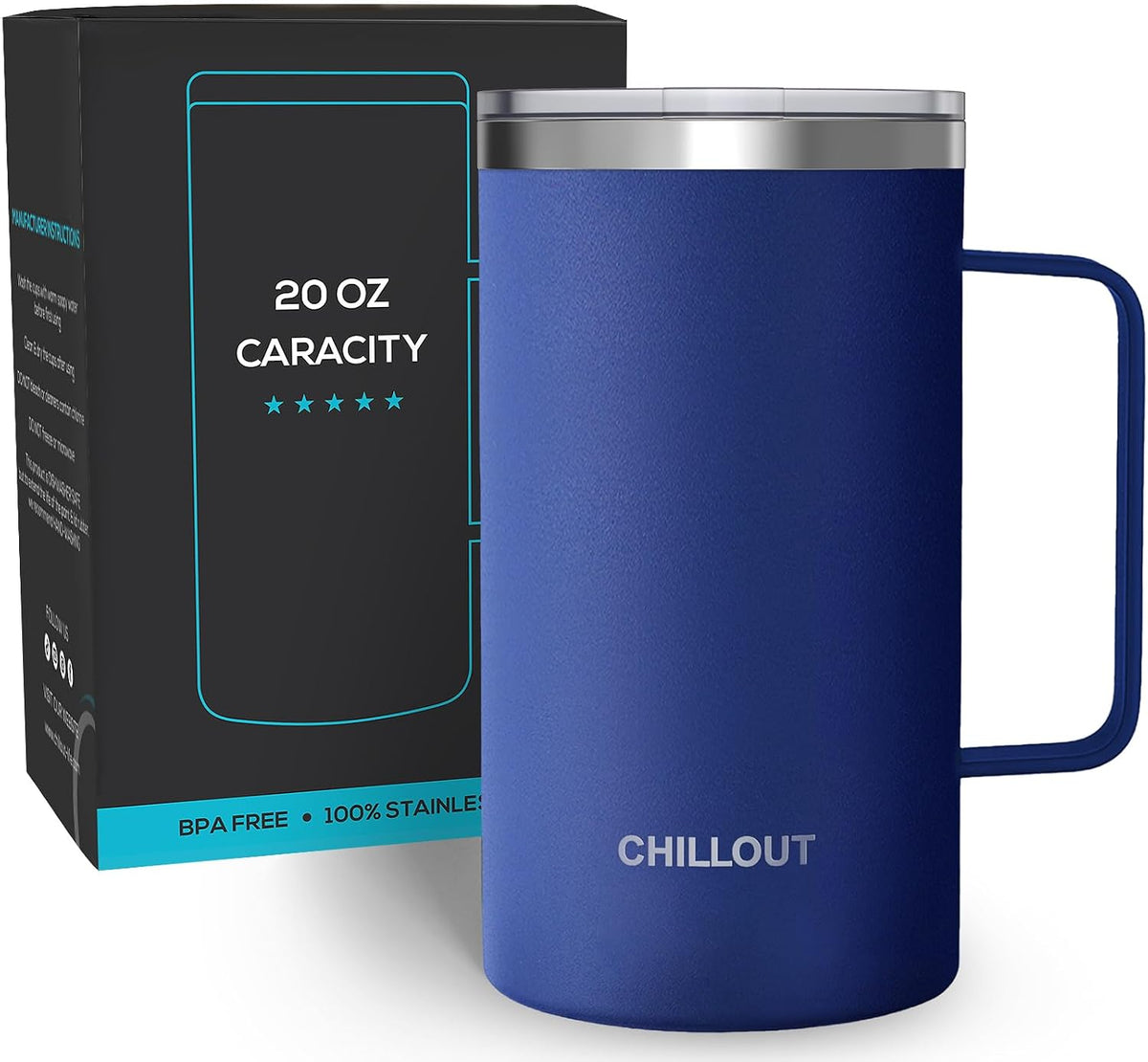 Stainless Steel 16 oz Vacuum Insulated Coffee Mug with Handle and Lid, Large Thermal Camping Coffee Mug Cup with Durable Sliding Lid for Men & Women, Keeps your Beverages Hot & Cold