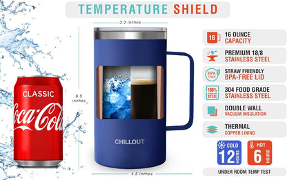 Stainless Steel 16 oz Vacuum Insulated Coffee Mug with Handle and Lid, Large Thermal Camping Coffee Mug Cup with Durable Sliding Lid for Men & Women, Keeps your Beverages Hot & Cold