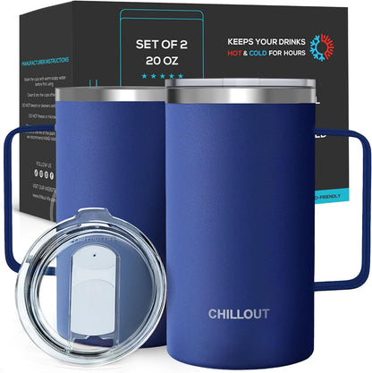 Stainless Steel 16 oz Vacuum Insulated Coffee Mug with Handle and Lid, Large Thermal Camping Coffee Mug Cup with Durable Sliding Lid for Men & Women, Keeps your Beverages Hot & Cold