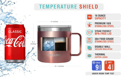 Stainless Steel 16 oz Vacuum Insulated Coffee Mug with Handle and Lid, Large Thermal Camping Coffee Mug Cup with Durable Sliding Lid for Men & Women, Keeps your Beverages Hot & Cold