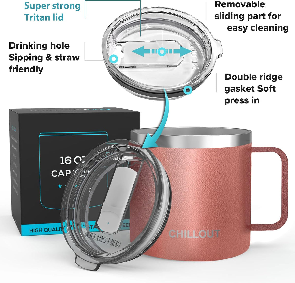 Stainless Steel 16 oz Vacuum Insulated Coffee Mug with Handle and Lid, Large Thermal Camping Coffee Mug Cup with Durable Sliding Lid for Men & Women, Keeps your Beverages Hot & Cold
