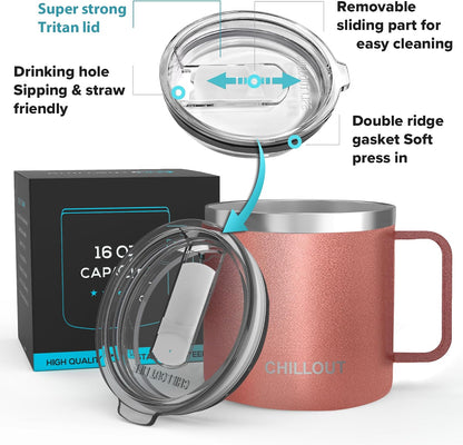 Stainless Steel 16 oz Vacuum Insulated Coffee Mug with Handle and Lid, Large Thermal Camping Coffee Mug Cup with Durable Sliding Lid for Men & Women, Keeps your Beverages Hot & Cold