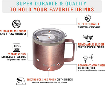 Stainless Steel 16 oz Vacuum Insulated Coffee Mug with Handle and Lid, Large Thermal Camping Coffee Mug Cup with Durable Sliding Lid for Men & Women, Keeps your Beverages Hot & Cold