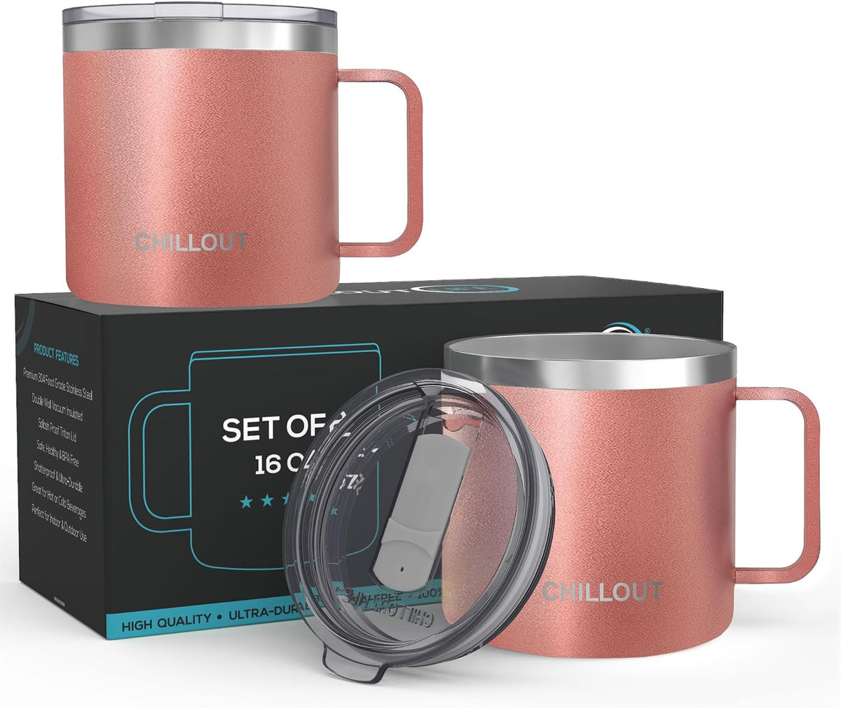 Stainless Steel 16 oz Vacuum Insulated Coffee Mug with Handle and Lid, Large Thermal Camping Coffee Mug Cup with Durable Sliding Lid for Men & Women, Keeps your Beverages Hot & Cold