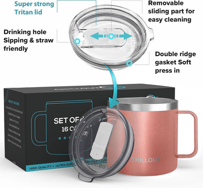 Stainless Steel 16 oz Vacuum Insulated Coffee Mug with Handle and Lid, Large Thermal Camping Coffee Mug Cup with Durable Sliding Lid for Men & Women, Keeps your Beverages Hot & Cold