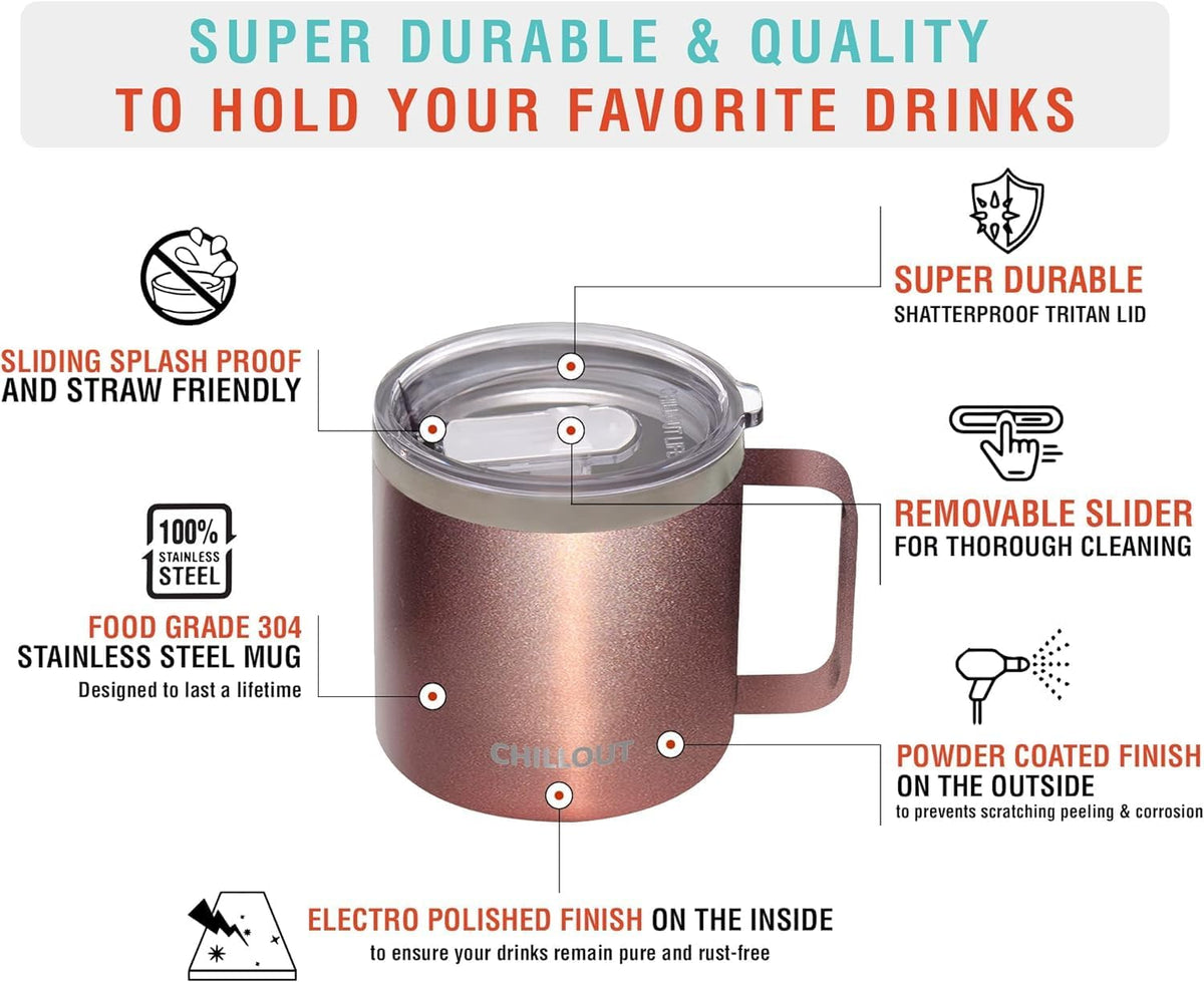Stainless Steel 16 oz Vacuum Insulated Coffee Mug with Handle and Lid, Large Thermal Camping Coffee Mug Cup with Durable Sliding Lid for Men & Women, Keeps your Beverages Hot & Cold