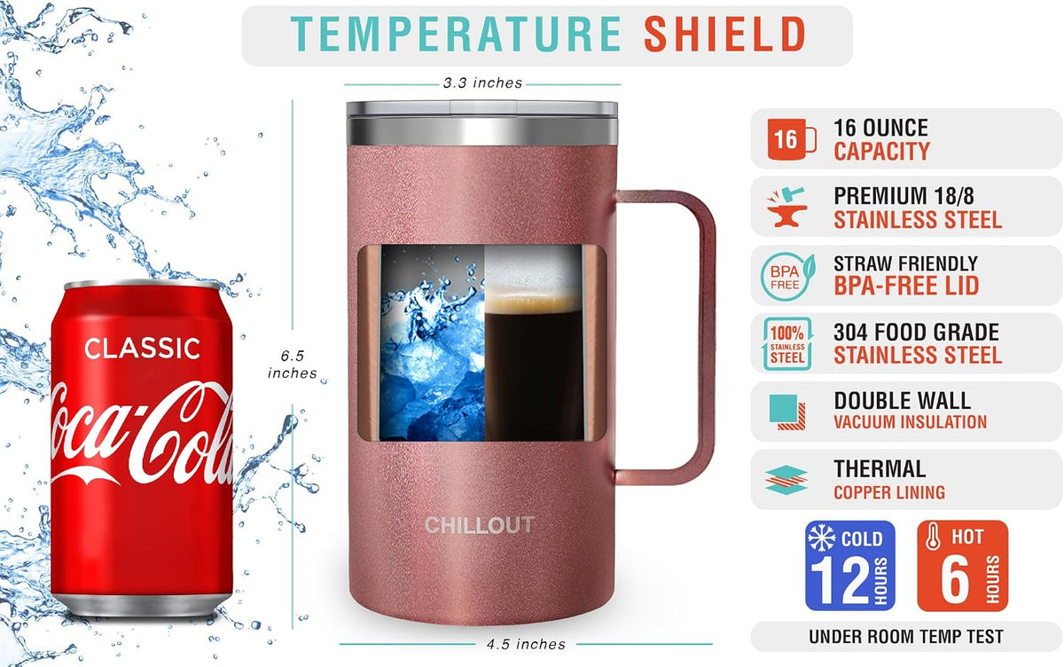 Stainless Steel 16 oz Vacuum Insulated Coffee Mug with Handle and Lid, Large Thermal Camping Coffee Mug Cup with Durable Sliding Lid for Men & Women, Keeps your Beverages Hot & Cold