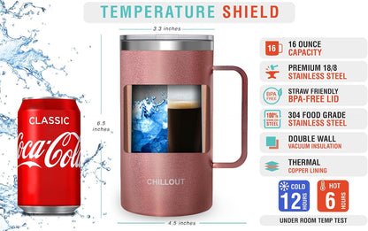 Stainless Steel 16 oz Vacuum Insulated Coffee Mug with Handle and Lid, Large Thermal Camping Coffee Mug Cup with Durable Sliding Lid for Men & Women, Keeps your Beverages Hot & Cold