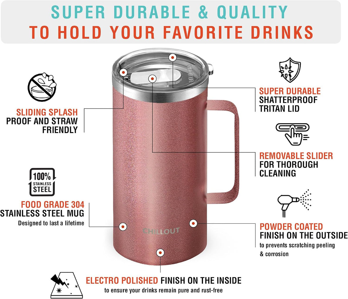 Stainless Steel 16 oz Vacuum Insulated Coffee Mug with Handle and Lid, Large Thermal Camping Coffee Mug Cup with Durable Sliding Lid for Men & Women, Keeps your Beverages Hot & Cold