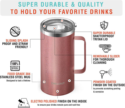Stainless Steel 16 oz Vacuum Insulated Coffee Mug with Handle and Lid, Large Thermal Camping Coffee Mug Cup with Durable Sliding Lid for Men & Women, Keeps your Beverages Hot & Cold