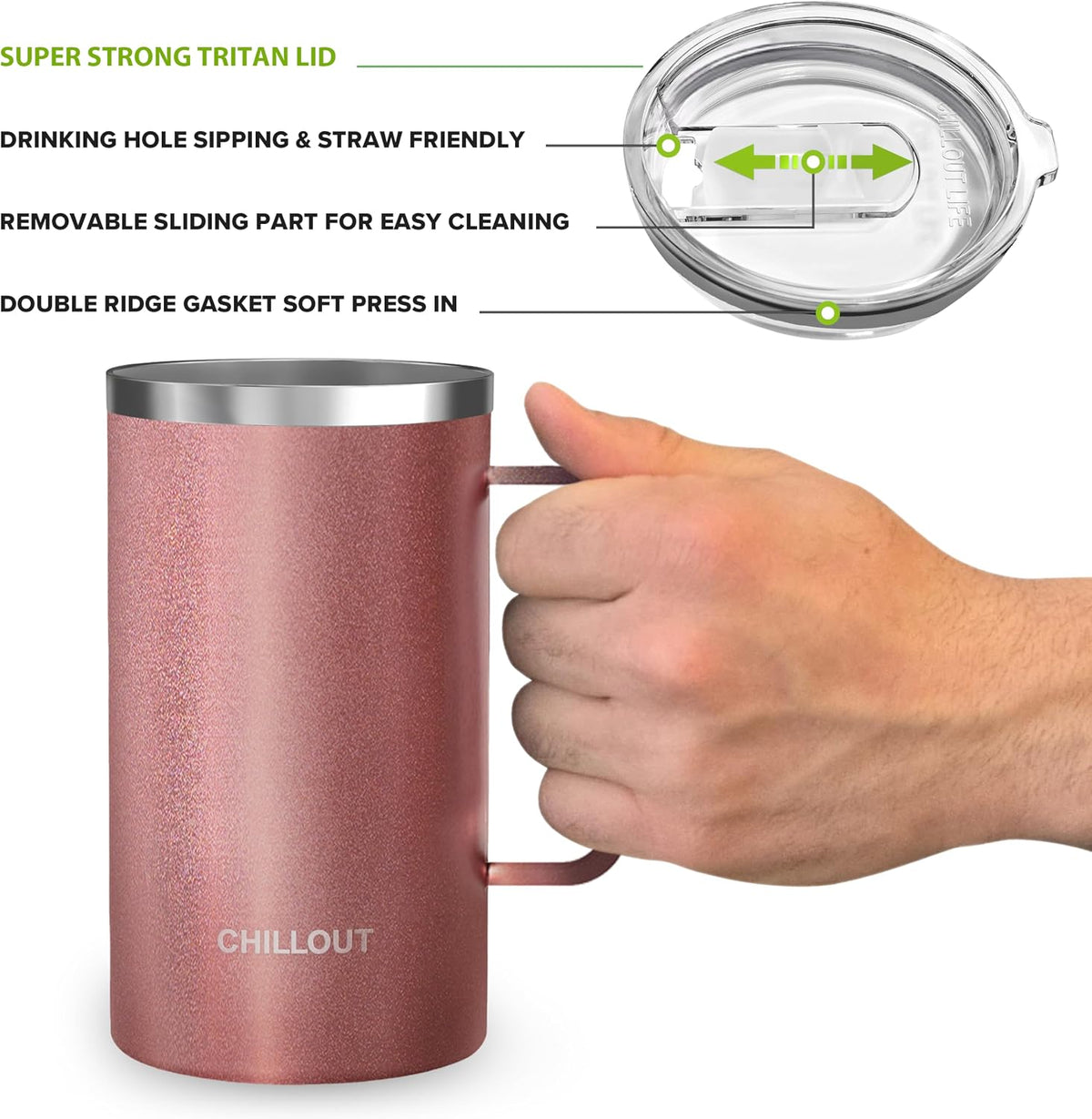 Stainless Steel 16 oz Vacuum Insulated Coffee Mug with Handle and Lid, Large Thermal Camping Coffee Mug Cup with Durable Sliding Lid for Men & Women, Keeps your Beverages Hot & Cold