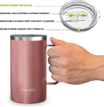 Stainless Steel 16 oz Vacuum Insulated Coffee Mug with Handle and Lid, Large Thermal Camping Coffee Mug Cup with Durable Sliding Lid for Men & Women, Keeps your Beverages Hot & Cold