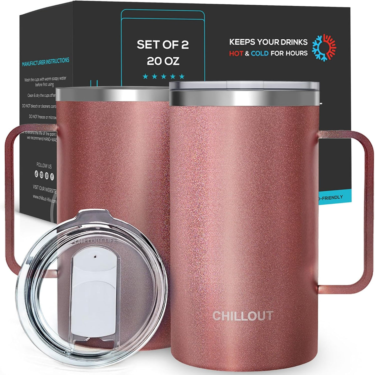 Stainless Steel 16 oz Vacuum Insulated Coffee Mug with Handle and Lid, Large Thermal Camping Coffee Mug Cup with Durable Sliding Lid for Men & Women, Keeps your Beverages Hot & Cold