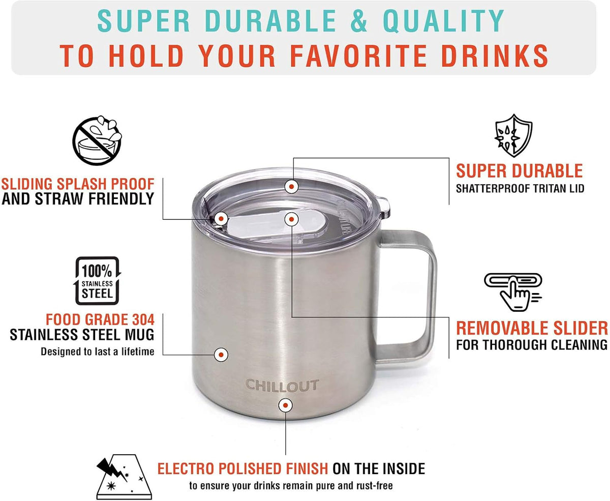 Stainless Steel 16 oz Vacuum Insulated Coffee Mug with Handle and Lid, Large Thermal Camping Coffee Mug Cup with Durable Sliding Lid for Men & Women, Keeps your Beverages Hot & Cold