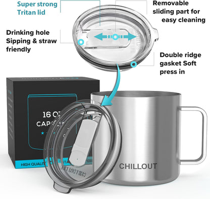 Stainless Steel 16 oz Vacuum Insulated Coffee Mug with Handle and Lid, Large Thermal Camping Coffee Mug Cup with Durable Sliding Lid for Men & Women, Keeps your Beverages Hot & Cold