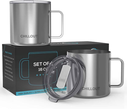Stainless Steel 16 oz Vacuum Insulated Coffee Mug with Handle and Lid, Large Thermal Camping Coffee Mug Cup with Durable Sliding Lid for Men & Women, Keeps your Beverages Hot & Cold