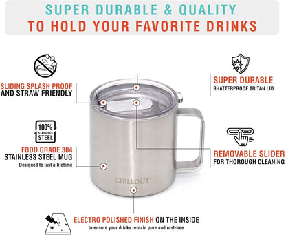 Stainless Steel 16 oz Vacuum Insulated Coffee Mug with Handle and Lid, Large Thermal Camping Coffee Mug Cup with Durable Sliding Lid for Men & Women, Keeps your Beverages Hot & Cold
