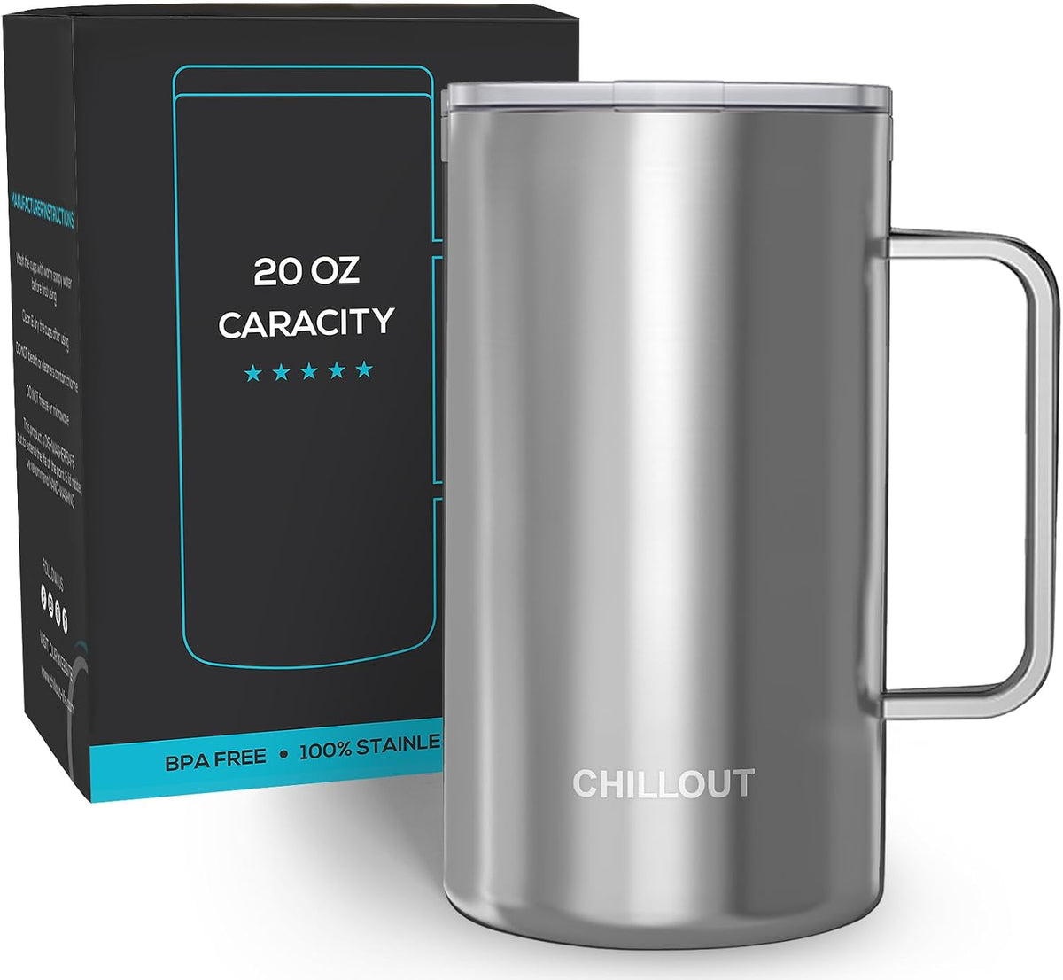 Stainless Steel 16 oz Vacuum Insulated Coffee Mug with Handle and Lid, Large Thermal Camping Coffee Mug Cup with Durable Sliding Lid for Men & Women, Keeps your Beverages Hot & Cold