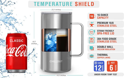 Stainless Steel 16 oz Vacuum Insulated Coffee Mug with Handle and Lid, Large Thermal Camping Coffee Mug Cup with Durable Sliding Lid for Men & Women, Keeps your Beverages Hot & Cold