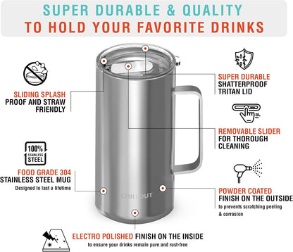 Stainless Steel 16 oz Vacuum Insulated Coffee Mug with Handle and Lid, Large Thermal Camping Coffee Mug Cup with Durable Sliding Lid for Men & Women, Keeps your Beverages Hot & Cold