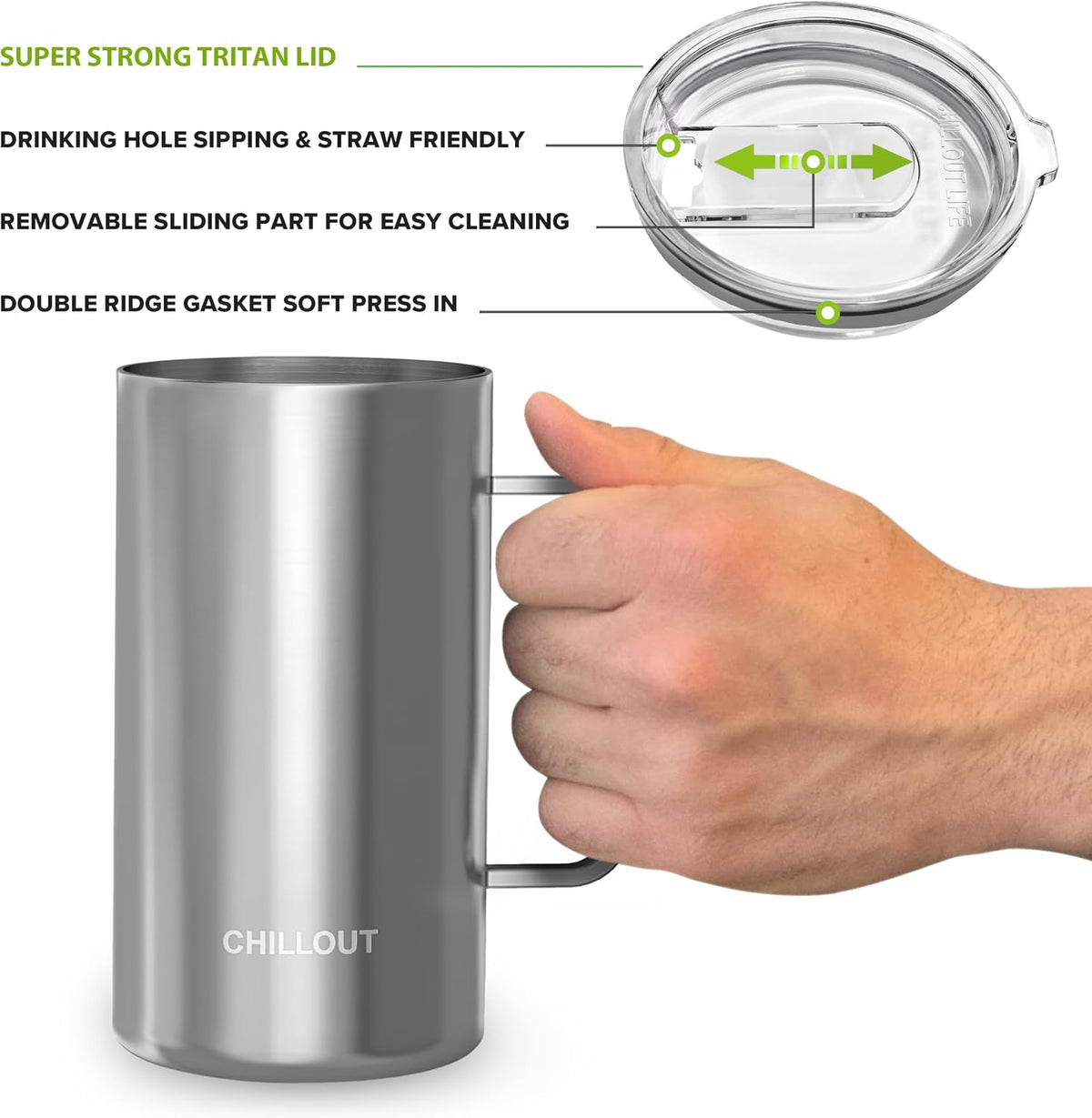 Stainless Steel 16 oz Vacuum Insulated Coffee Mug with Handle and Lid, Large Thermal Camping Coffee Mug Cup with Durable Sliding Lid for Men & Women, Keeps your Beverages Hot & Cold