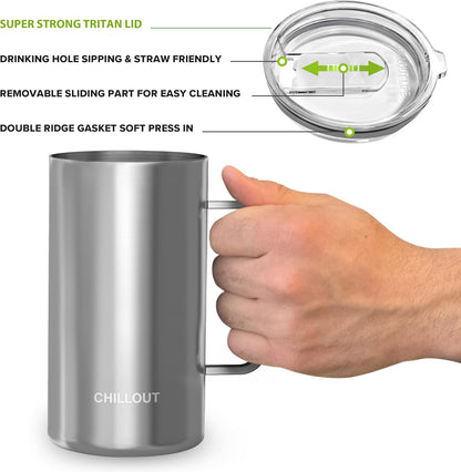 Stainless Steel 16 oz Vacuum Insulated Coffee Mug with Handle and Lid, Large Thermal Camping Coffee Mug Cup with Durable Sliding Lid for Men & Women, Keeps your Beverages Hot & Cold